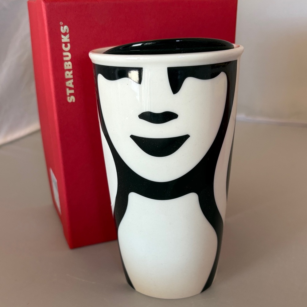 New Starbucks Black / White Artistic Tumbler Ceramic 12 fl oz Double Wall w Box